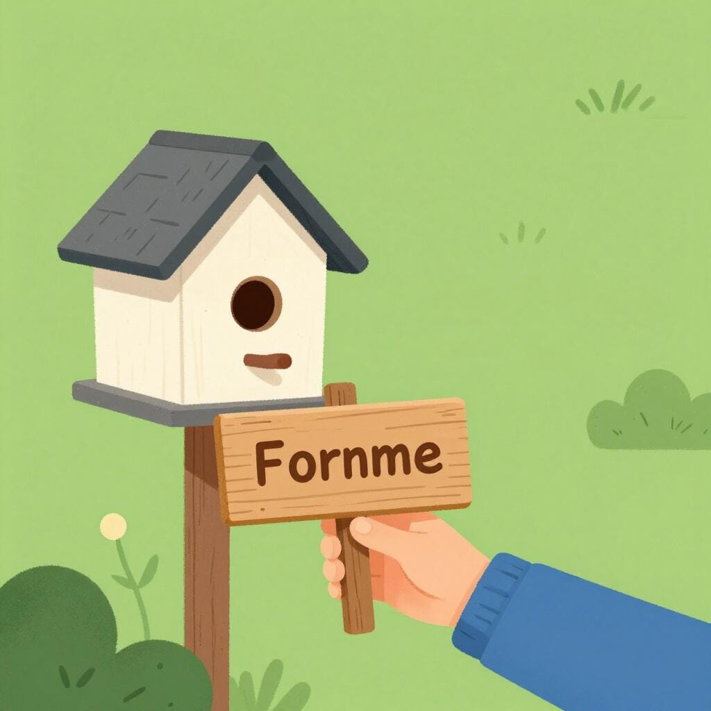 Eine Person, die ein kleines Holzschild hält und es vor einem neu gebauten hölzernen Vogelhaus platziert.