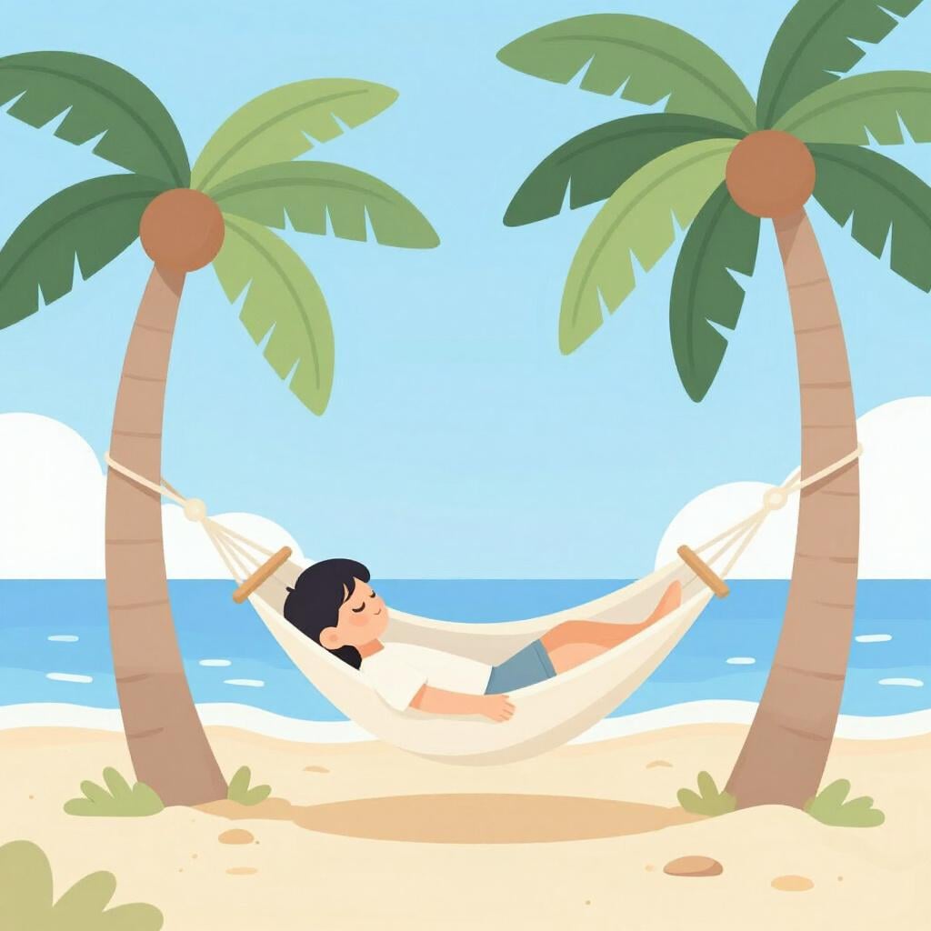 A person resting comfortably in a soft, colorful hammock between two palm trees.