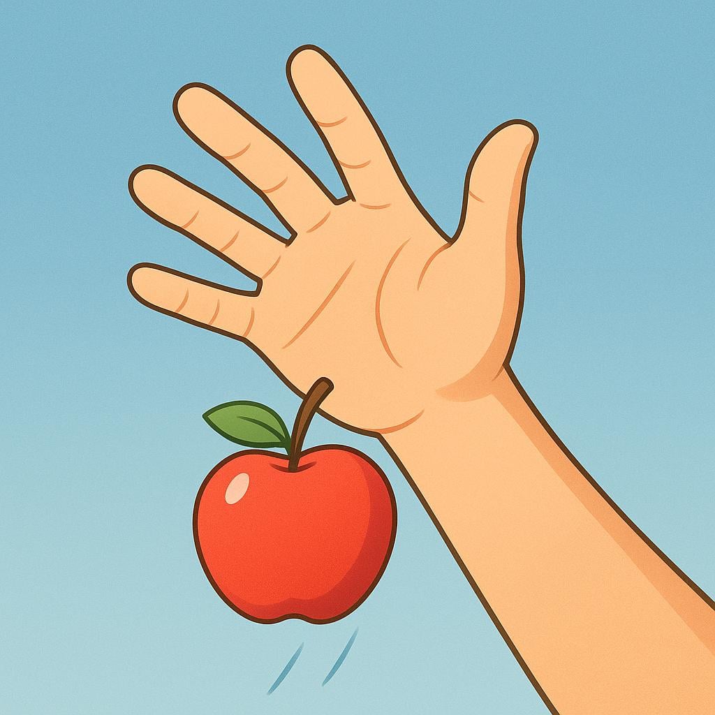 A human hand, seen from below, is opening its fingers and releasing a bright red apple, which is beginning to fall.