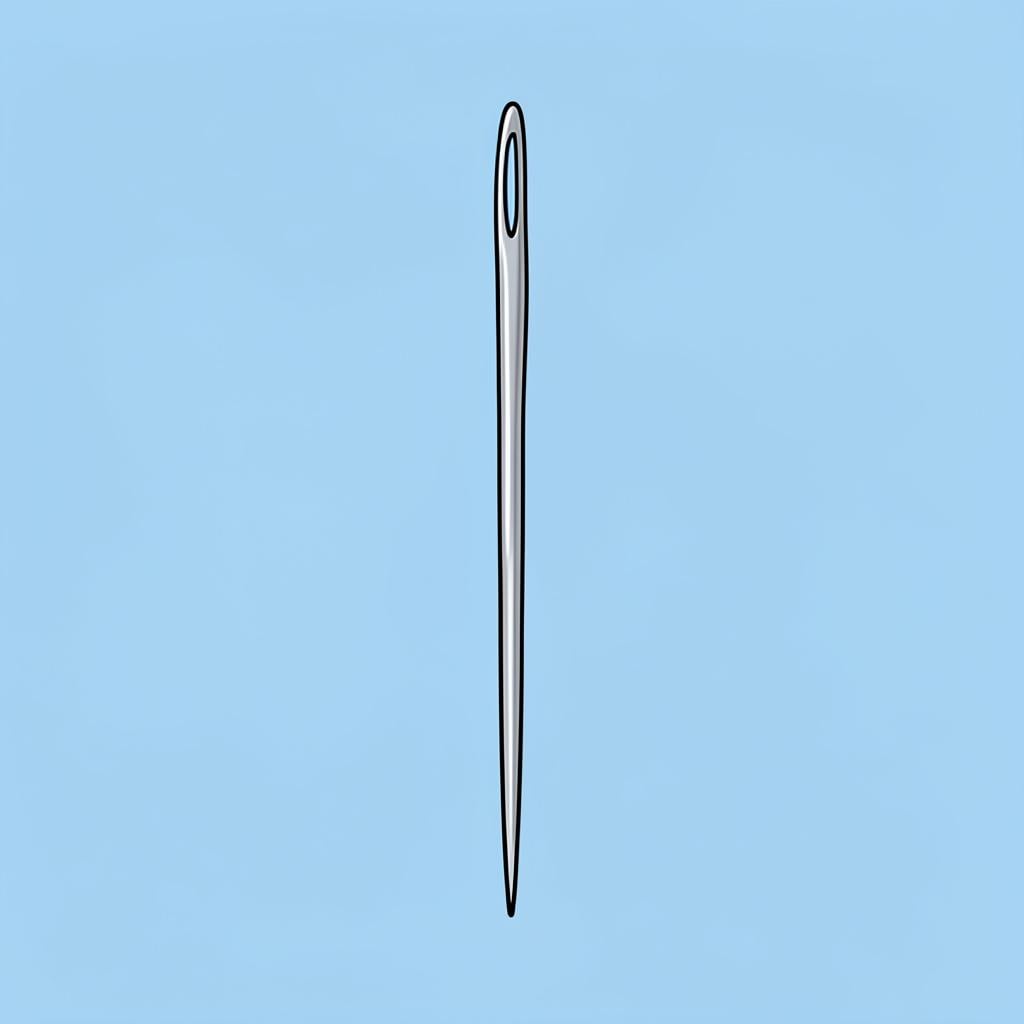 A single, very thin sewing needle lying next to a thick piece of yarn.