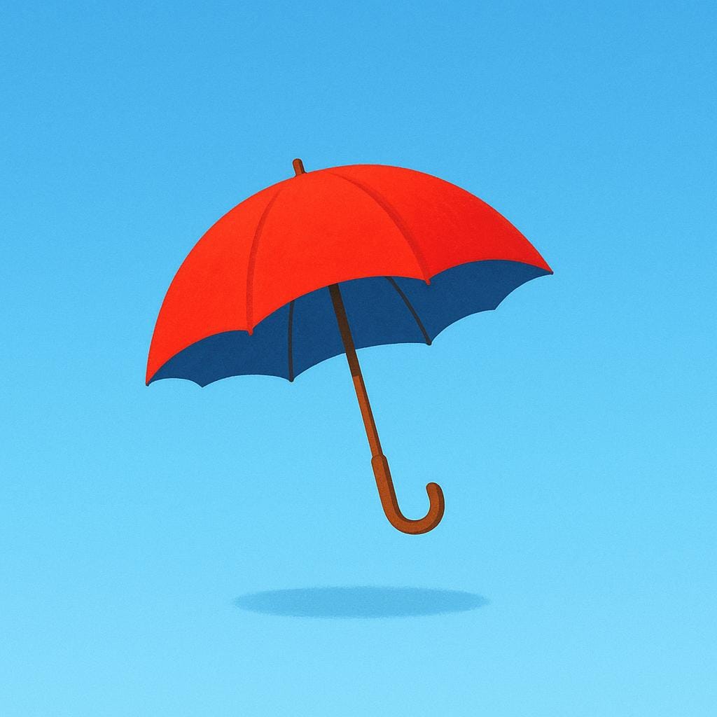 Um guarda-chuva vermelho vivo flutuando sozinho no alto de um céu azul claro em um dia ensolarado, uma visão incomum e inesperada.