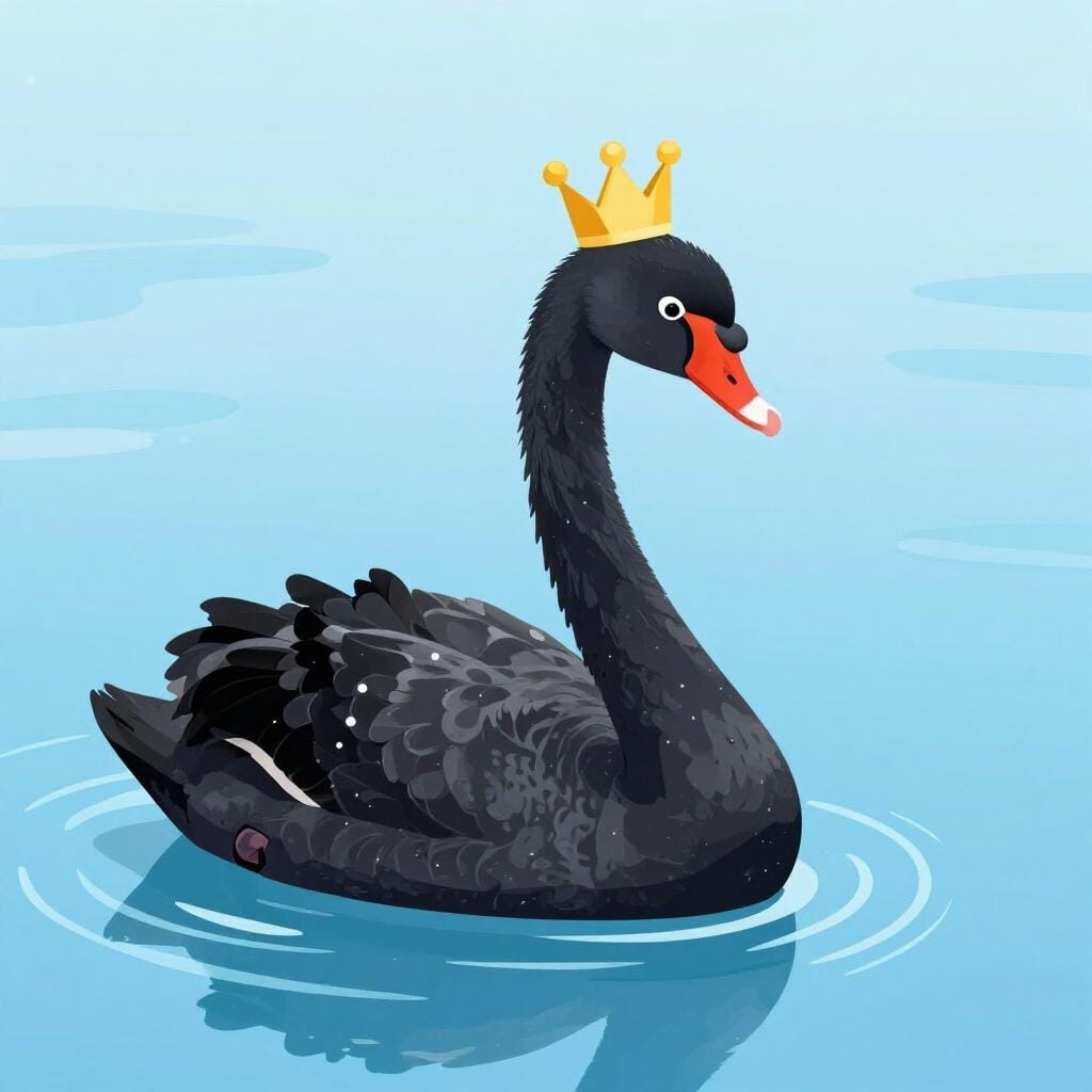Un cygne noir, élégant et poli, avec une couronne dorée, assis gracieusement sur un étang calme.