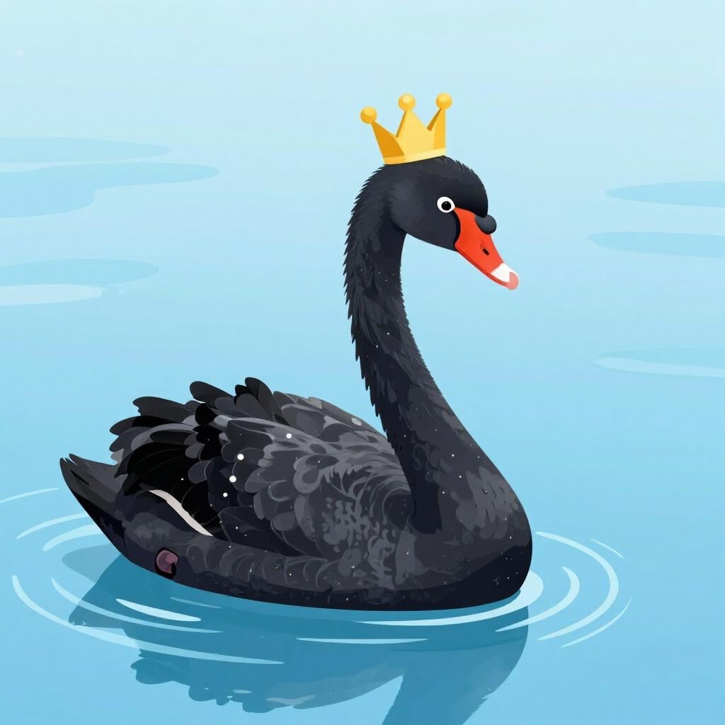 A sleek, polished black swan with a golden crown, sitting gracefully on a calm pond.
