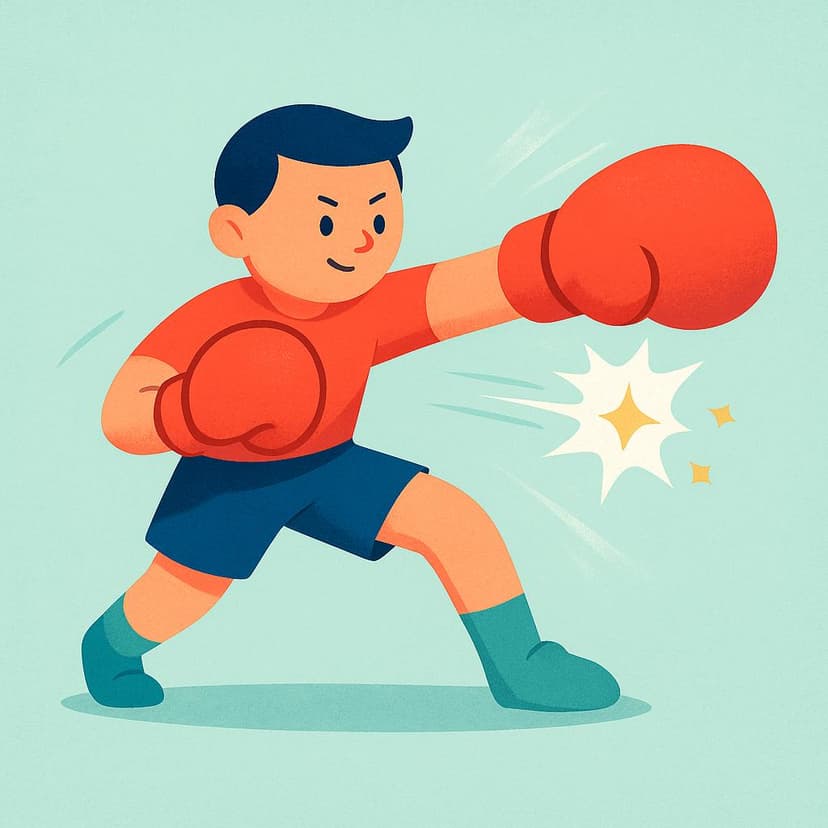 A colorful storybook illustration showing a single young character wearing red boxing gloves throwing a forceful punch into the air, actively demonstrating the action of fighting.