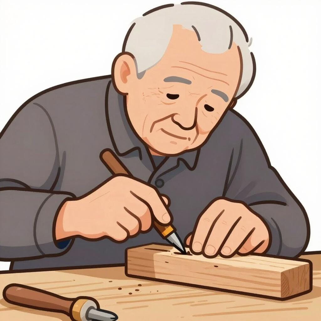 An elderly person with a kind face and weathered hands skillfully repairing a wooden boat with a small tool.