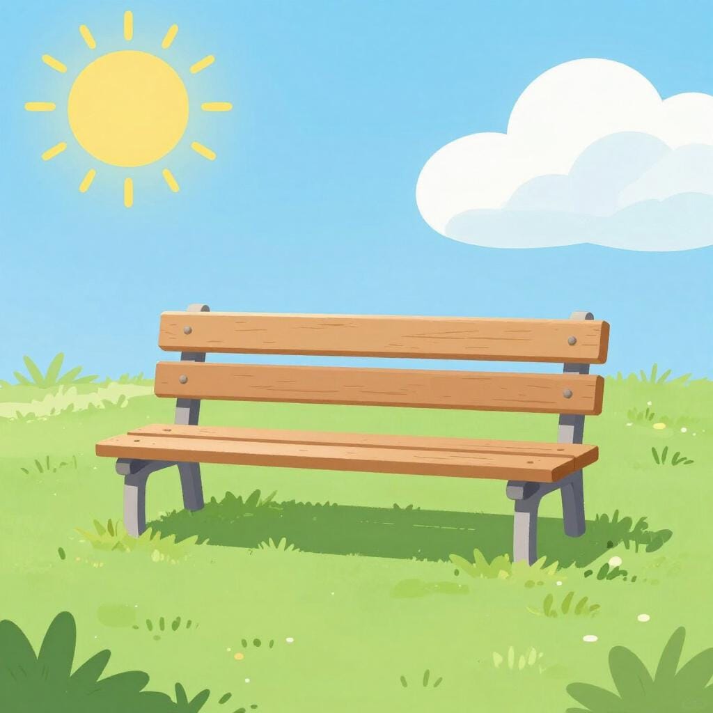 An empty park bench in a sunny park.