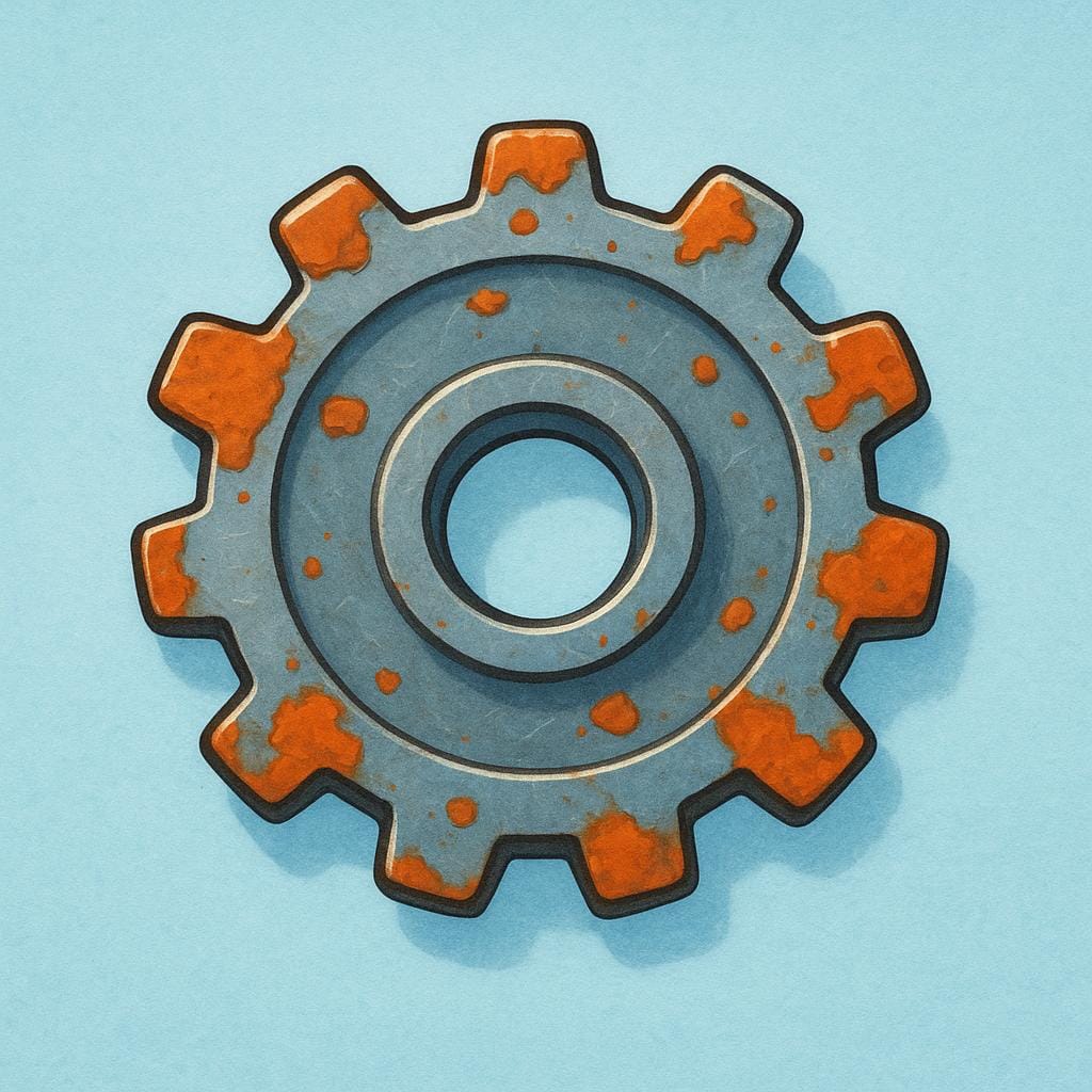 Un engrenage métallique rendu de manière caricaturale montrant des zones visibles de rouille rouge, illustrant la corrosion.