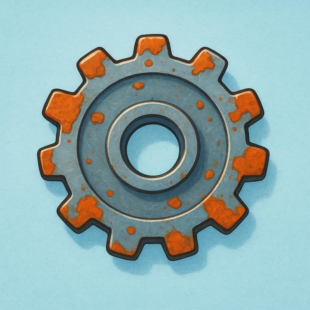 A cartoonishly rendered metal gear showing visible patches of red rust, illustrating corrosion.