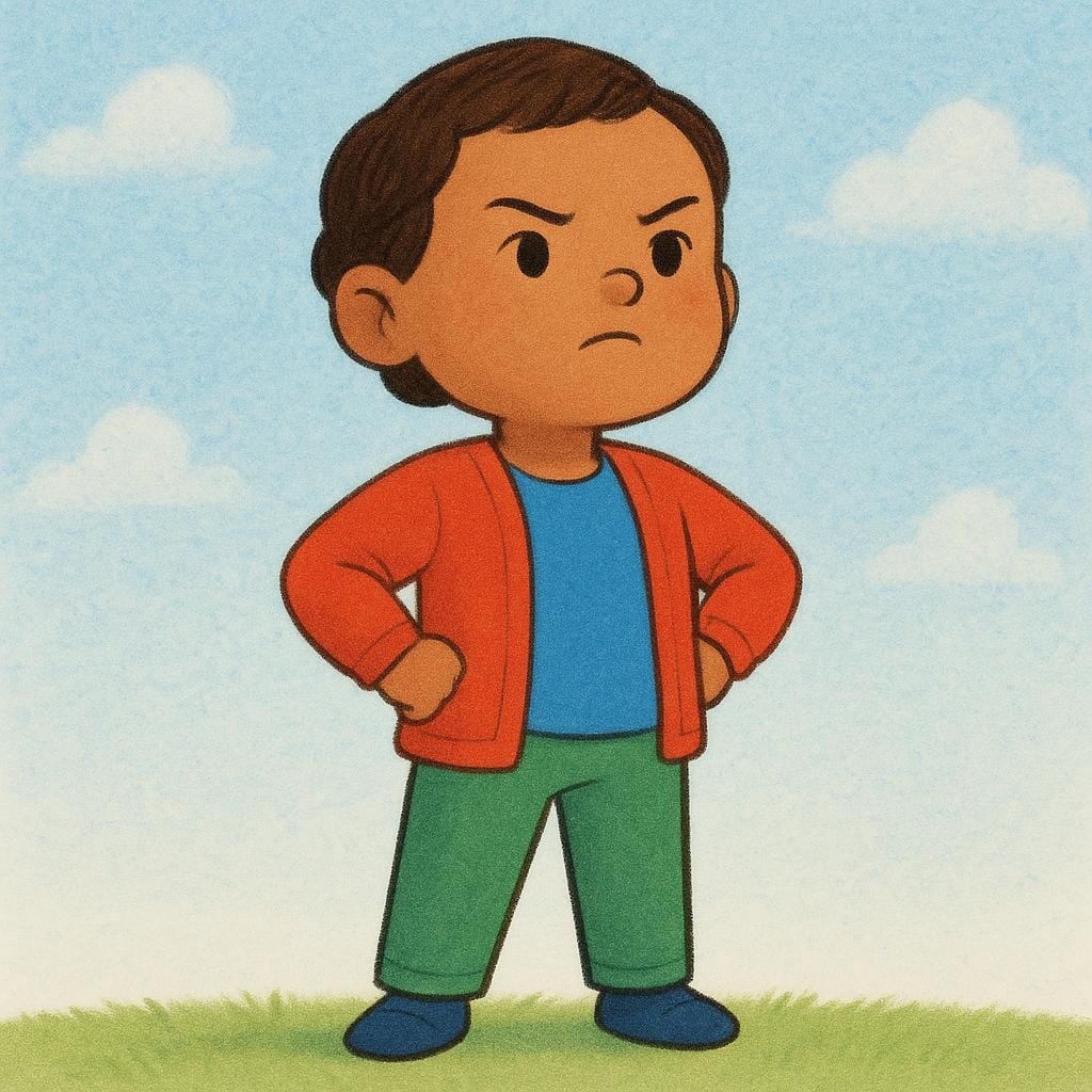 A young child stands tall with their hands on their hips, looking straight ahead with a focused and determined expression.