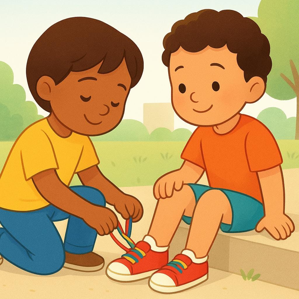 Une illustration de livre d'histoires aux couleurs vives montrant deux enfants à l'extérieur. Un enfant est à genoux pour aider l'autre enfant à lacer ses lacets aux couleurs vives, symbolisant un acte de gentillesse.