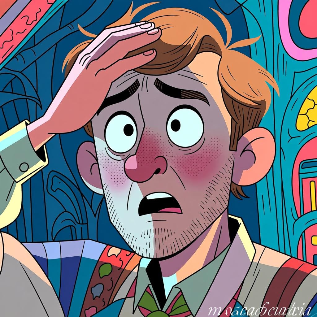 A person with a surprised and slightly frustrated expression, holding their head in their hands.