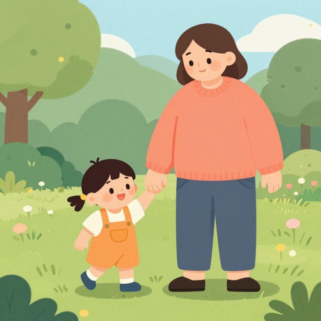 Uma criança pequena segurando a mão de um adulto sorridente enquanto caminha.