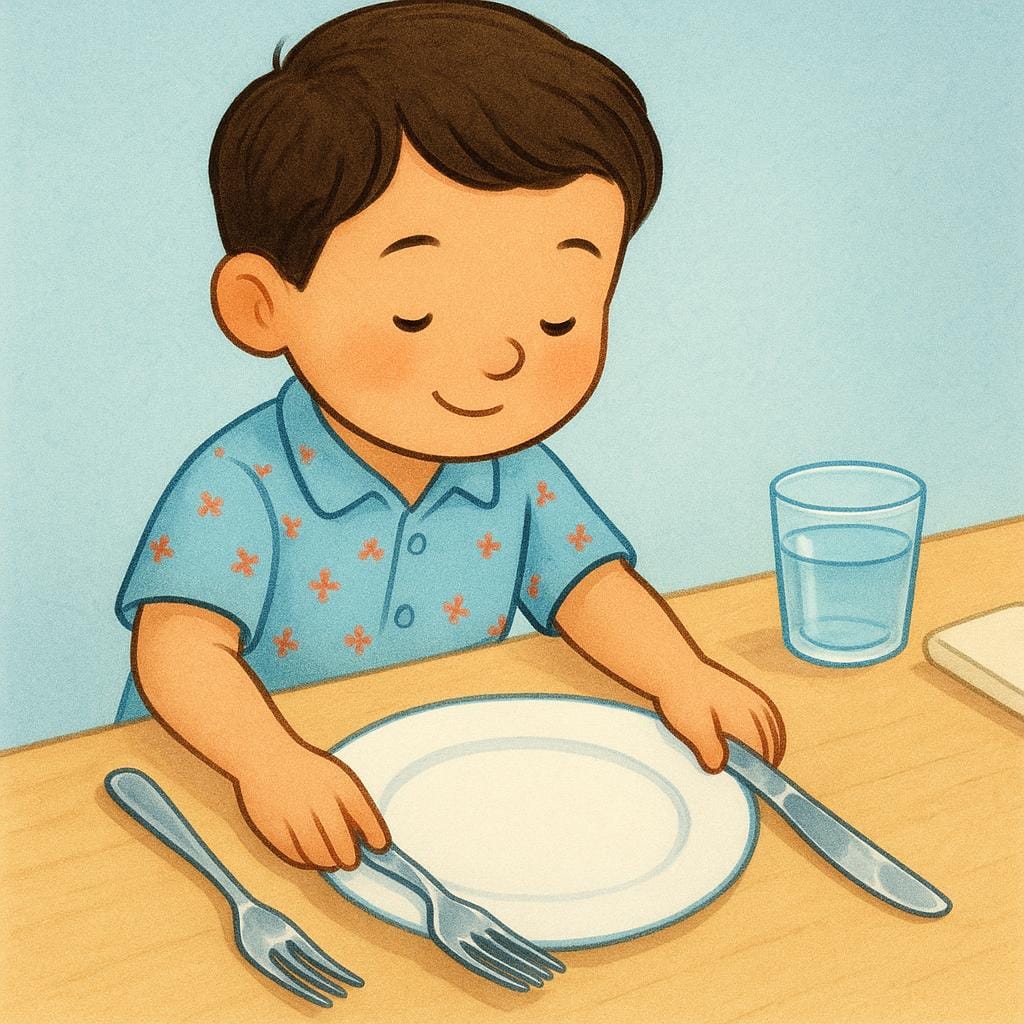 A young child politely setting a formal dinner table, carefully placing a fork and knife in the precise, appropriate positions next to a clean plate.