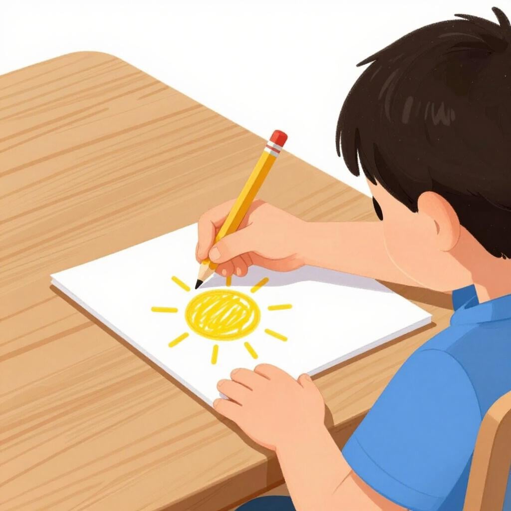 A child sitting at a table, holding a colorful pencil in their left hand and drawing on a piece of paper.