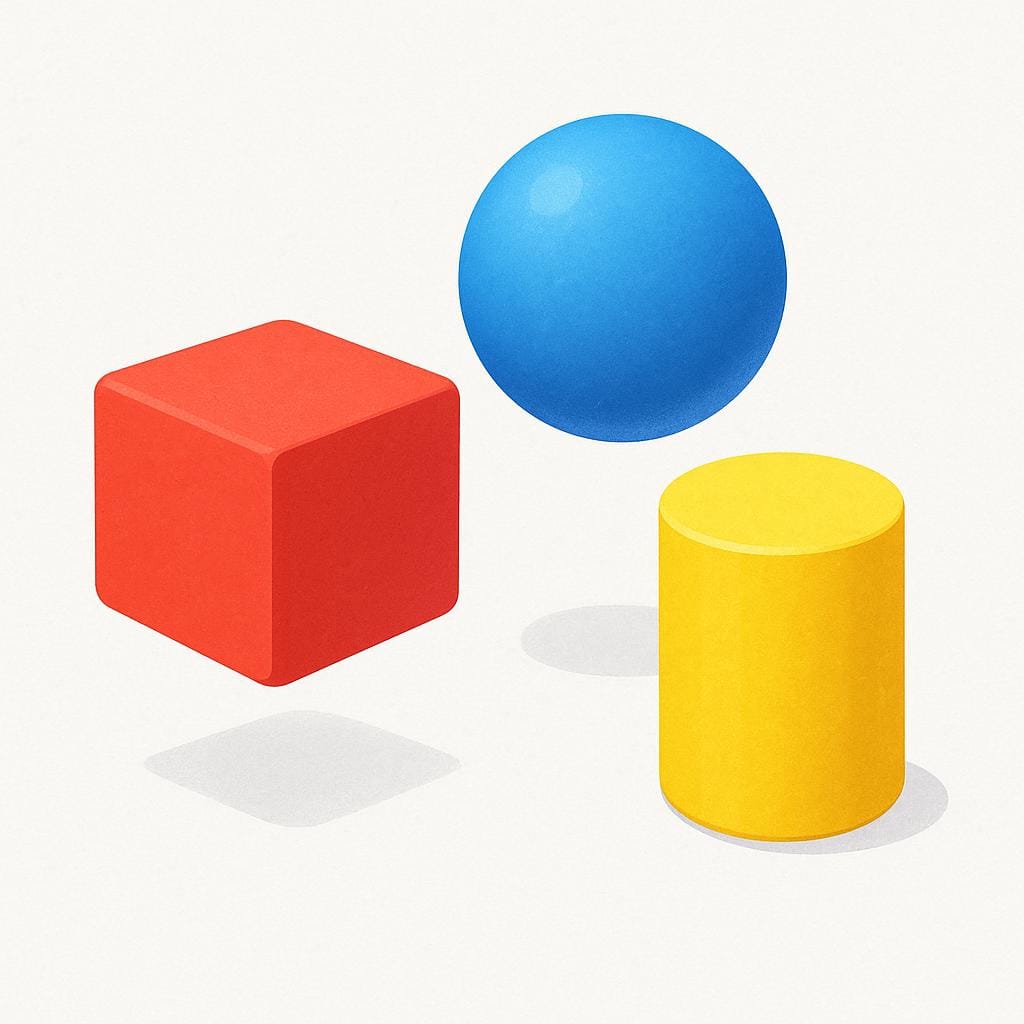 A collection of primary colored basic geometric shapes, specifically a red cube, a blue sphere, and a yellow cylinder, floating near each other.