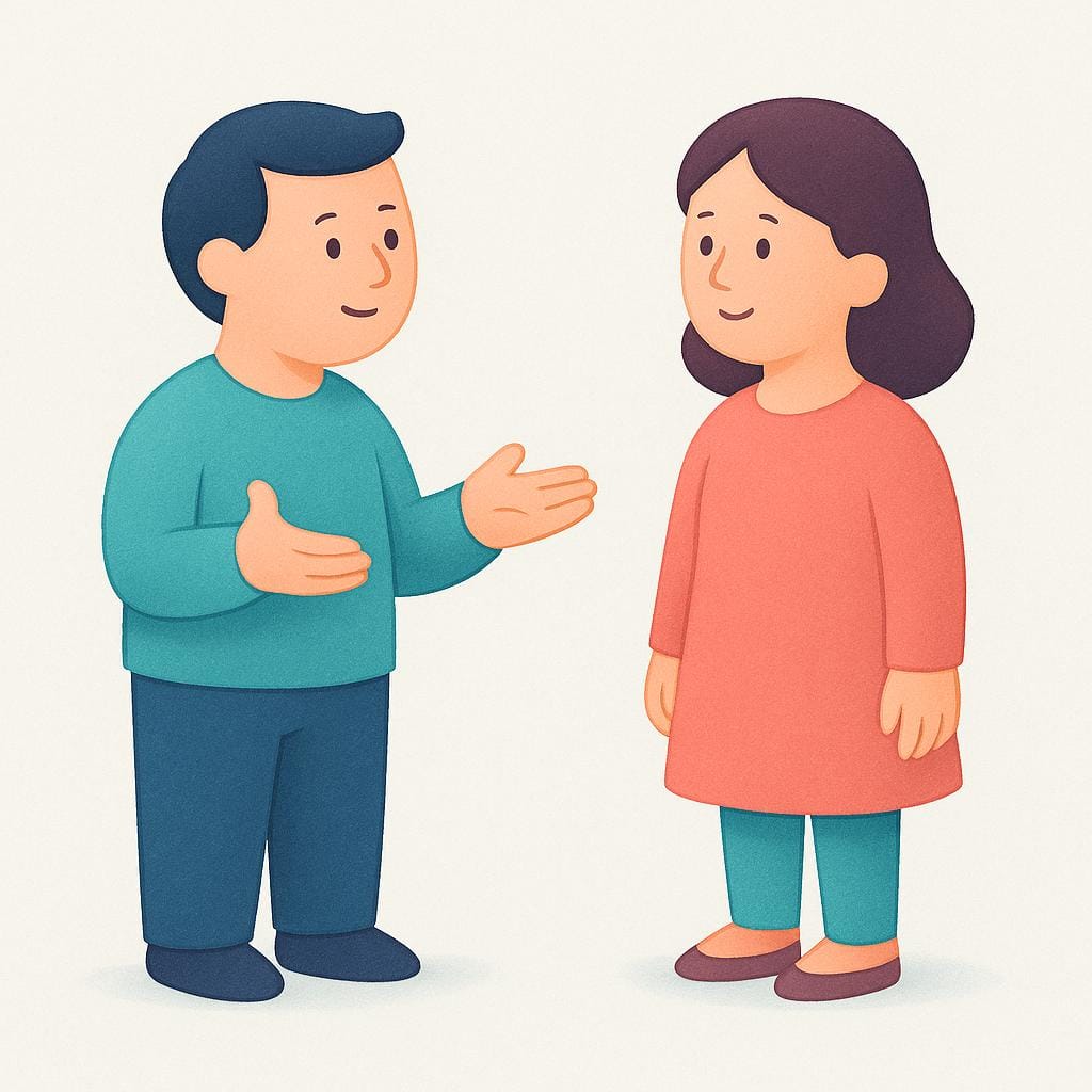 간단한 두 인물이 서로 마주 보고 서 있는 다채로운 동화책 삽화. 첫 번째 인물은 두 번째 인물을 향해 열린, 기대하는 듯한 제스처를 취하고 있으며, 두 번째 인물은 몸을 기울여 주의 깊게 듣고 있습니다.