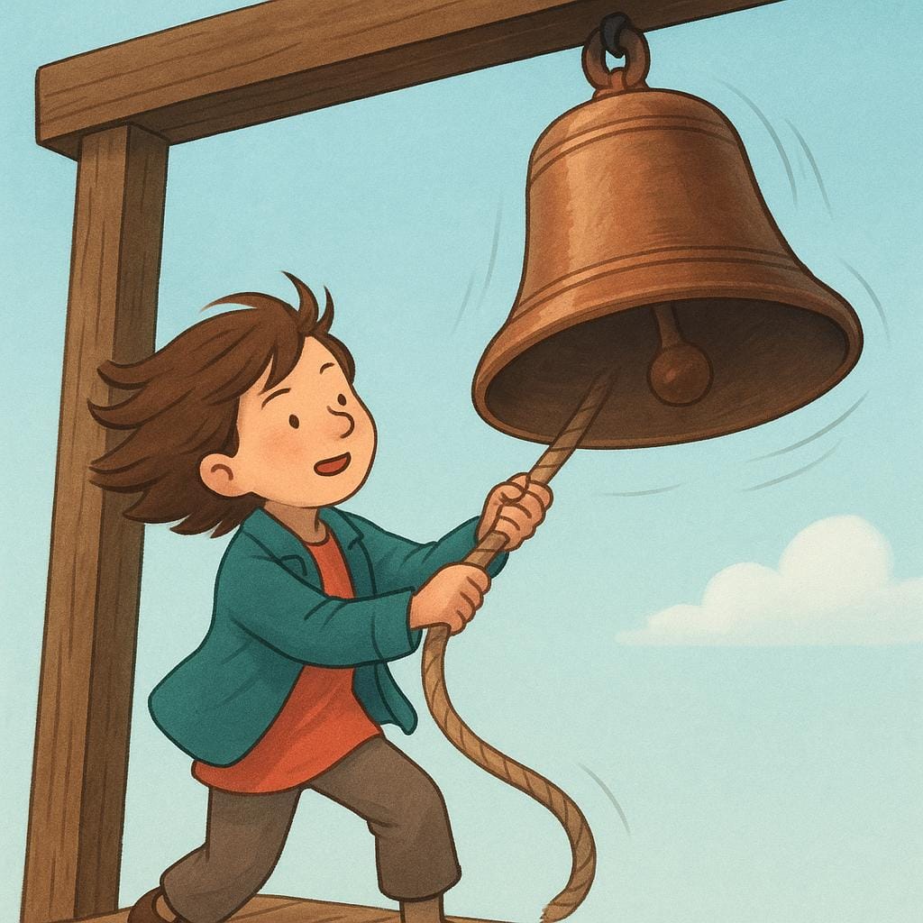 A cartoon illustration of a young person actively pulling a thick rope connected to a large, swinging church bell.