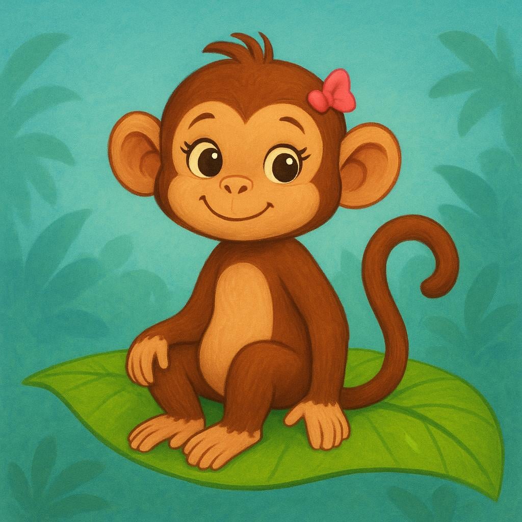 A friendly brown female monkey with large eyes sitting calmly on a bright green jungle leaf.