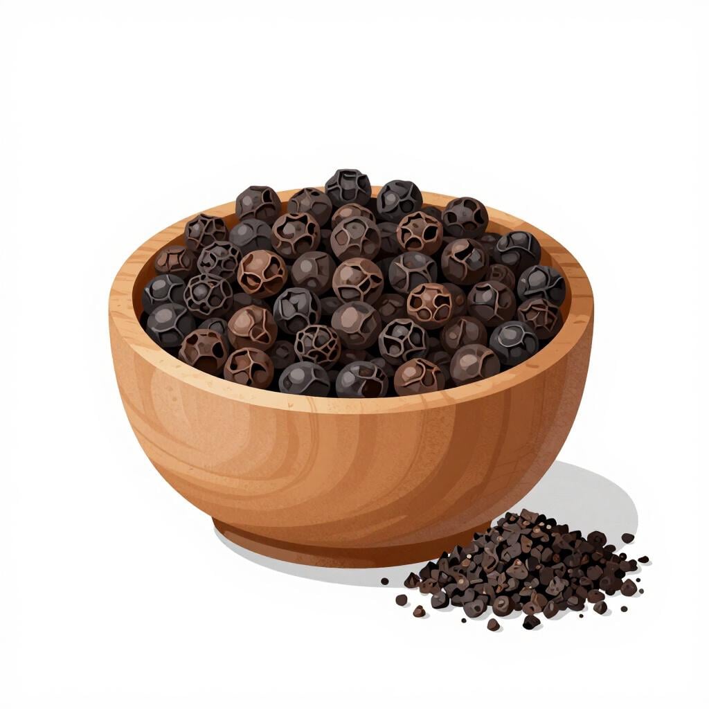 A small wooden bowl filled with whole black peppercorns and a small pile of ground black pepper beside it.