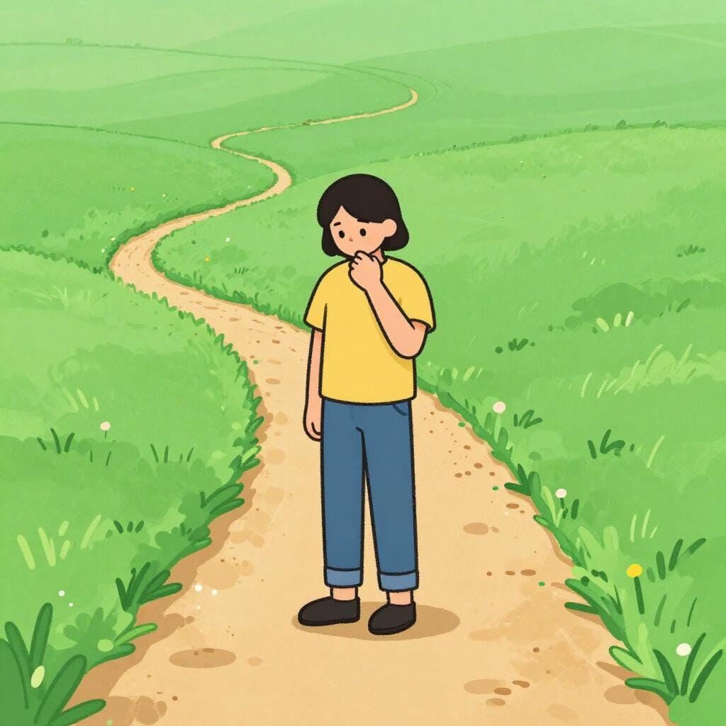 A person standing at a crossroads in a green field, looking confused and frozen, unable to choose a path.