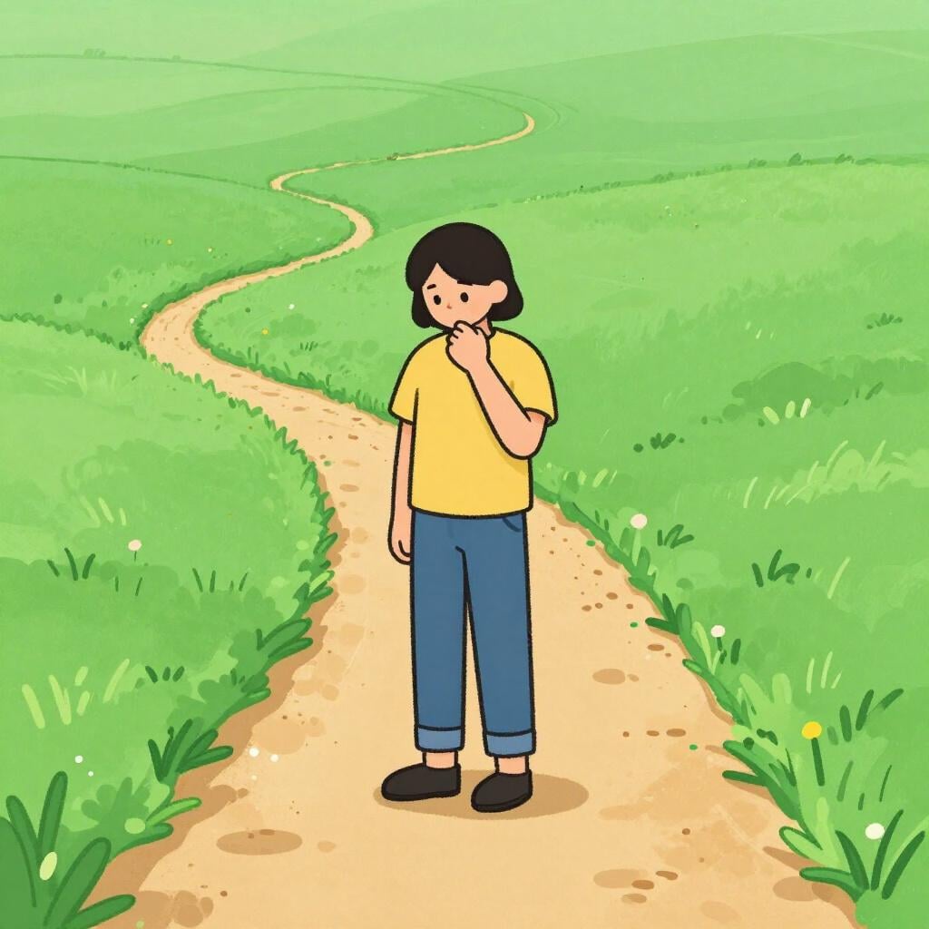 A person standing at a crossroads in a green field, looking confused and frozen, unable to choose a path.
