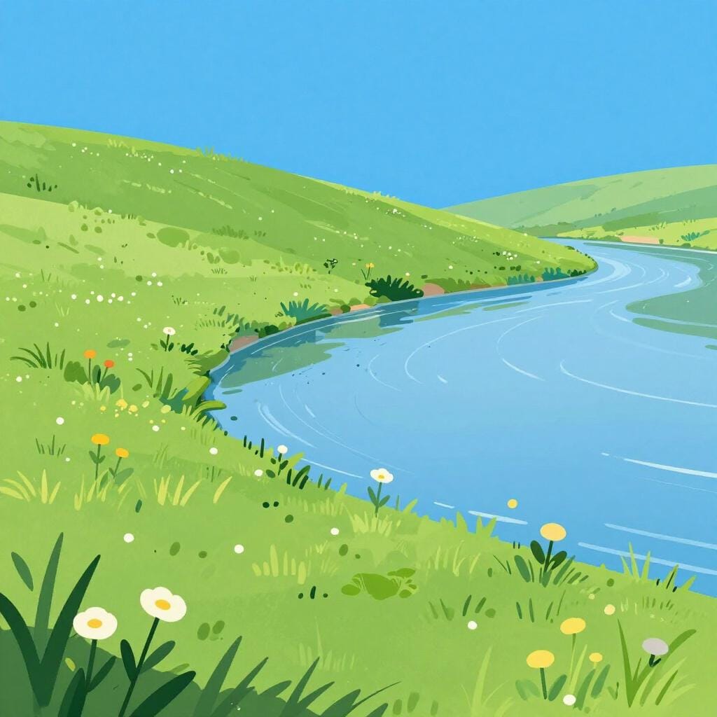 A lush green grassy bank sloping down to a calm blue river with small flowers.