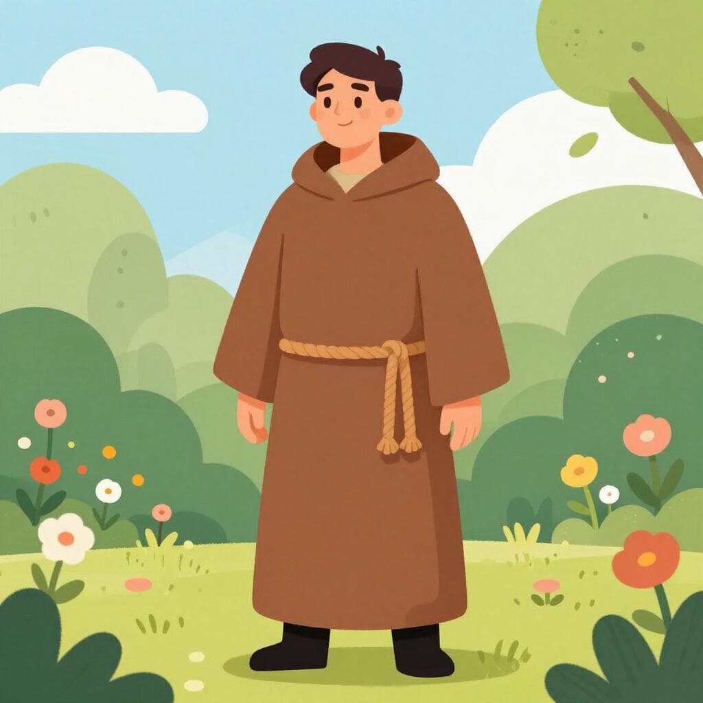 Een man in een eenvoudig bruin gewaad met een kap, staande in een vredige tuin.