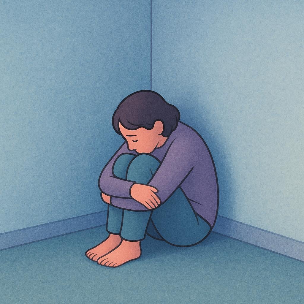 A solitary person sitting huddled and curled up in the corner of a room, their back facing the viewer, symbolizing emotional withdrawal or closing oneself off.