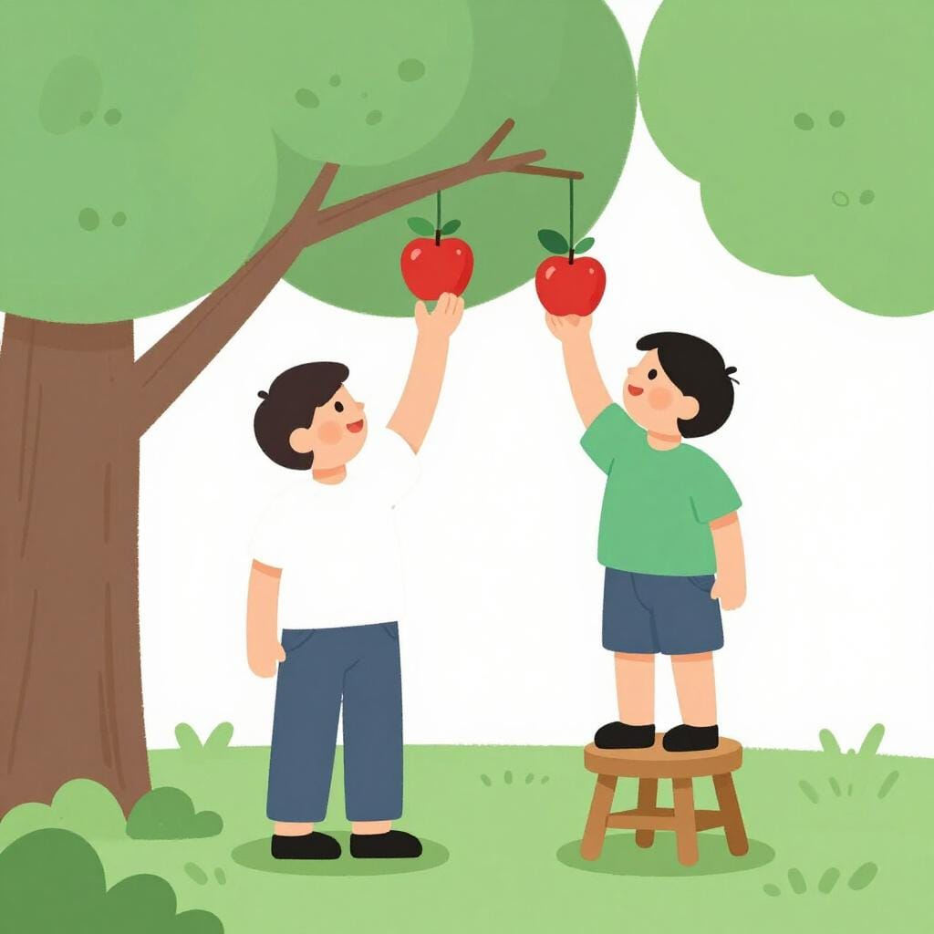 One person trying to reach a high apple on a tree branch while standing on the ground, while another person uses a small wooden stool to reach it easily.