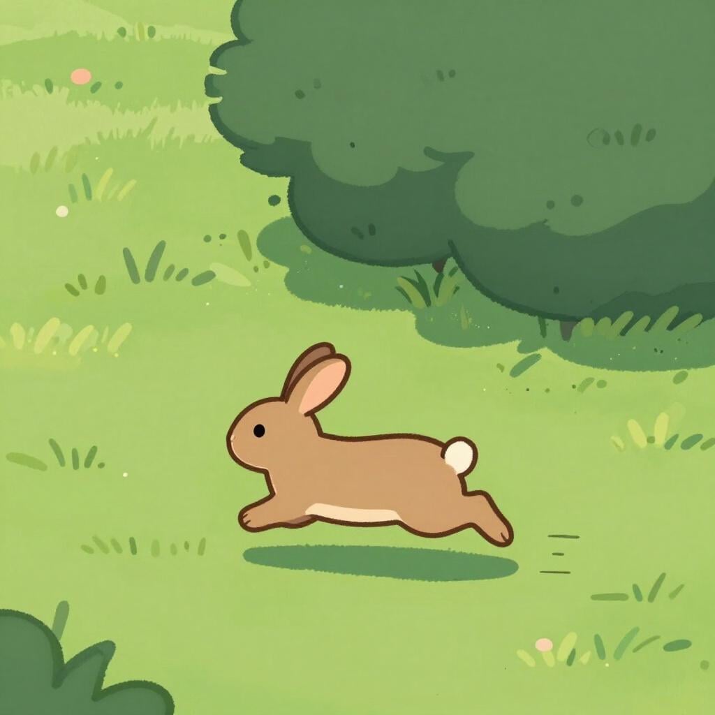 Un petit lapin courant rapidement dans un champ herbeux, s'éloignant d'une ombre sombre.