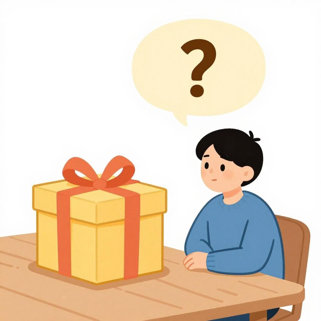 물음표 모양의 생각 풍선과 함께 신비롭게 포장된 상자를 바라보는 사람.