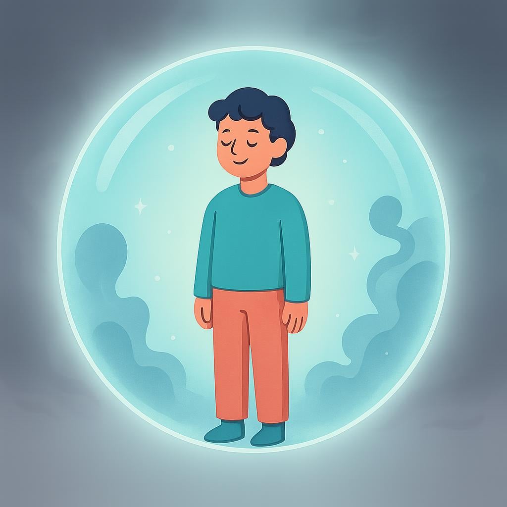 A stylized person standing protected inside a large, glowing, clear dome, while dark, abstract symbols of trouble remain outside the barrier.