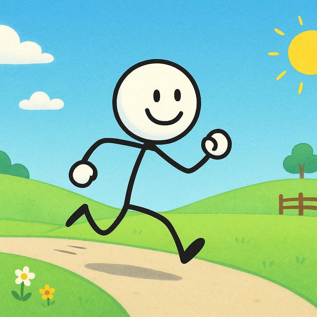 A colorful storybook illustration showing a happy stick figure running on a green path under a blue sky, representing physical exercise.