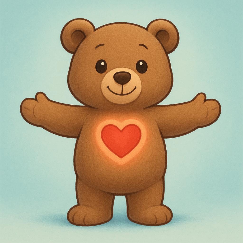 A small, friendly storybook bear character stands with its arms open, showing a bright, glowing heart symbol visible in its chest, representing sincerity and openness.
