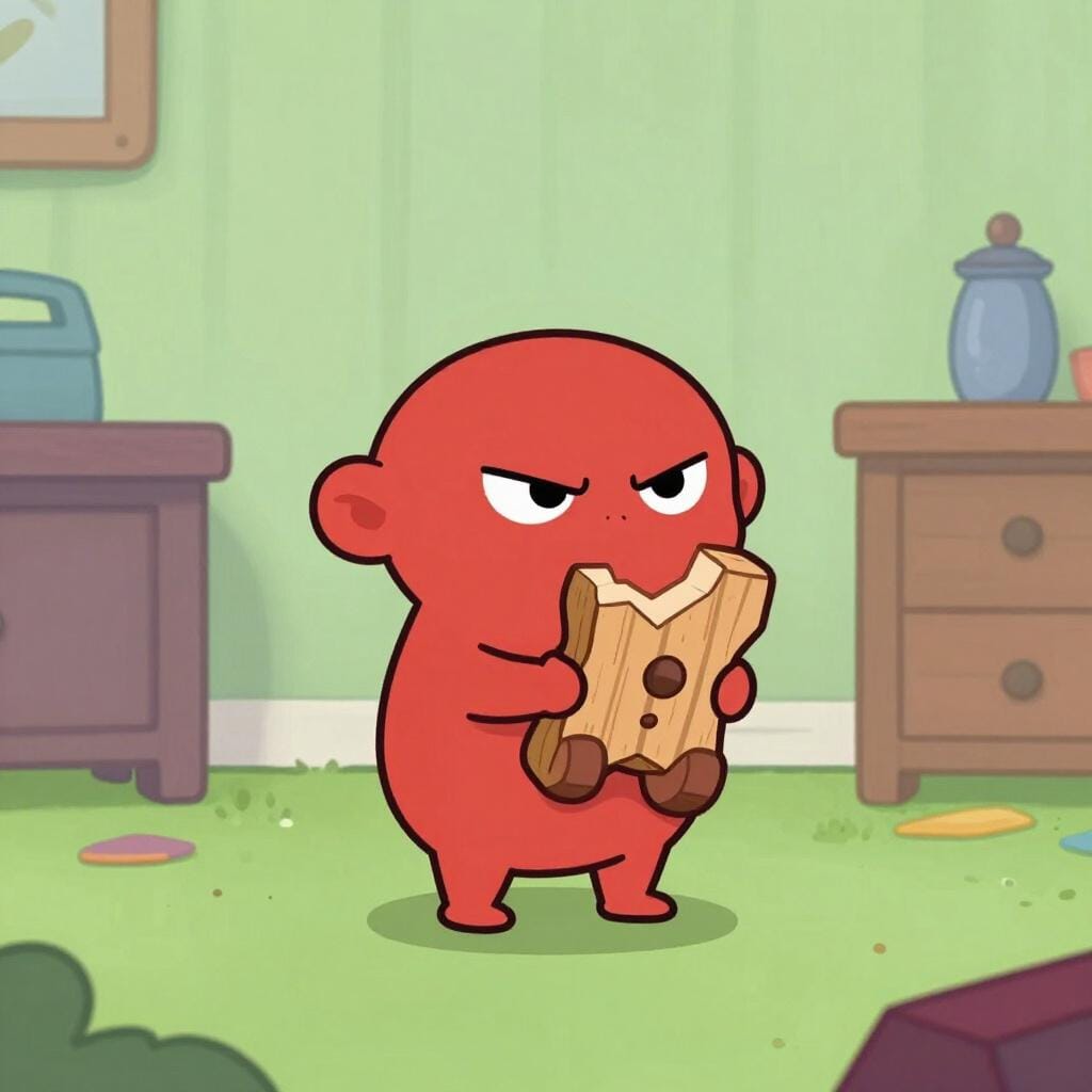 A mischievous character with small horns and a pointy tail hiding a broken toy behind their back.