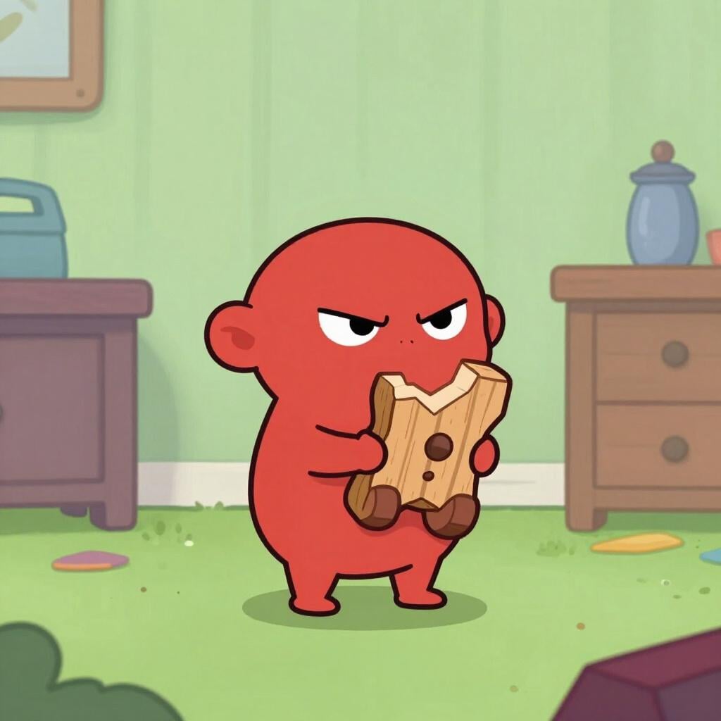 A mischievous character with small horns and a pointy tail hiding a broken toy behind their back.