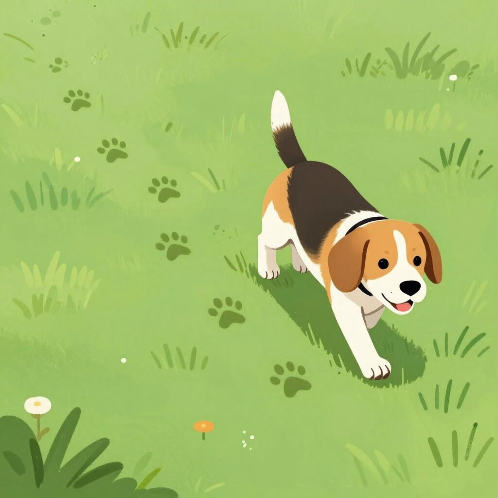 Ein freundlicher Hund mit der Nase am Boden, der einer Spur von Pfotenabdrücken durch ein grasbewachsenes Feld folgt.