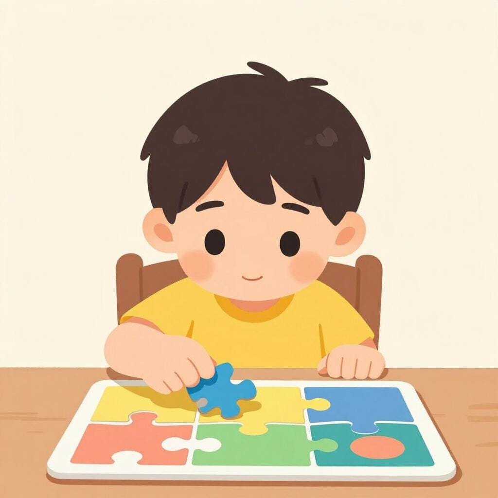 A child intently assembling a small puzzle on a wooden table.