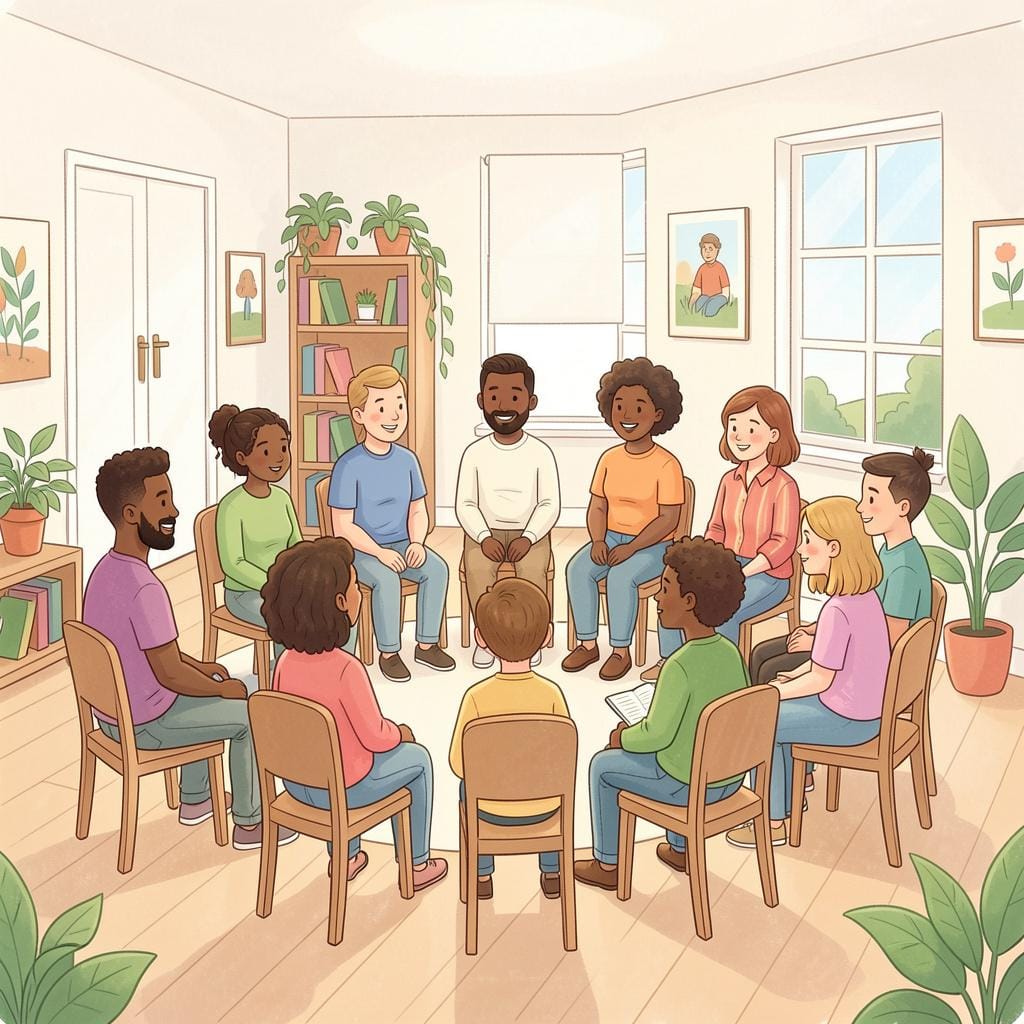 Un gruppo di persone sedute insieme in cerchio su sedie per una riunione.