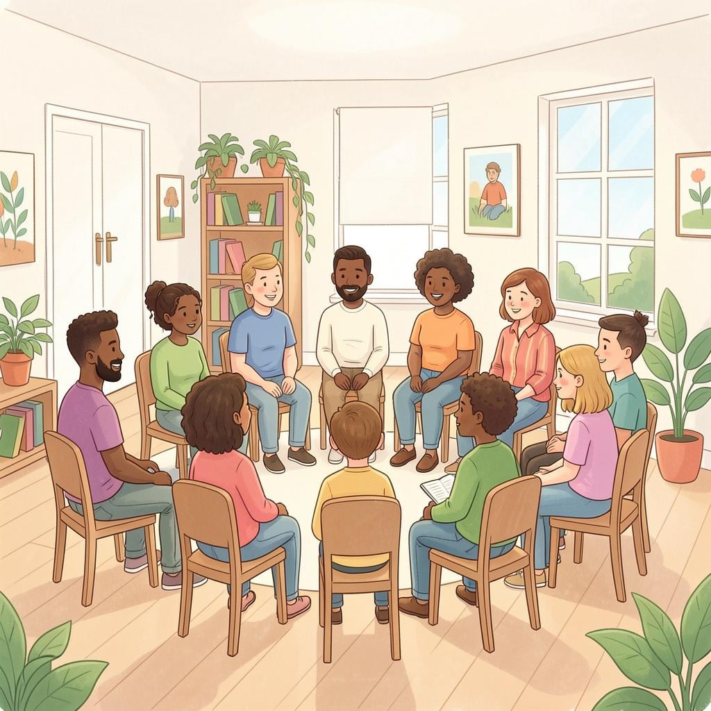 A group of people sitting together in a circle of chairs for a meeting.