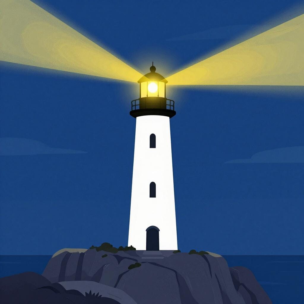 A large lighthouse on a cliff sending out bright beams of yellow light into the dark night sky.