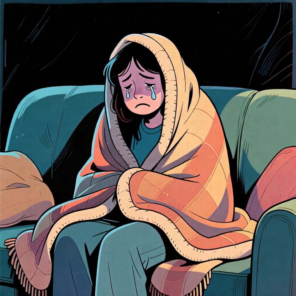 A person wrapped in a blanket on a couch, looking tired, to show a temporary feeling or state.