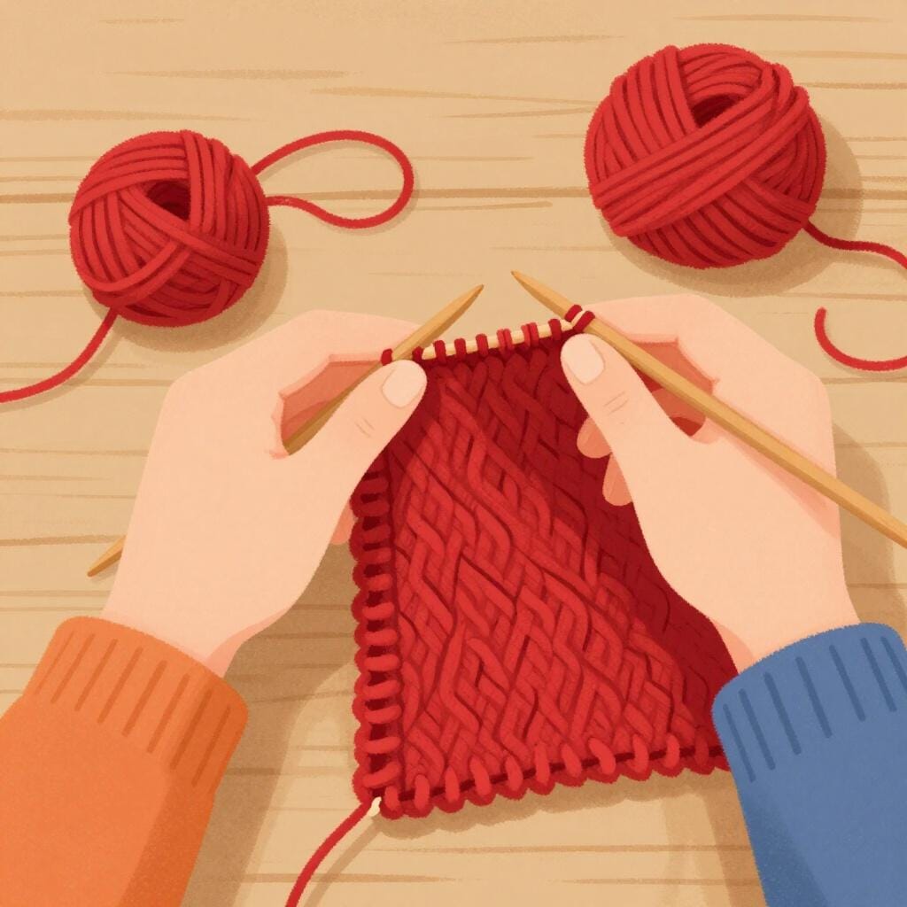 A pair of hands using needles to knit a colorful scarf.