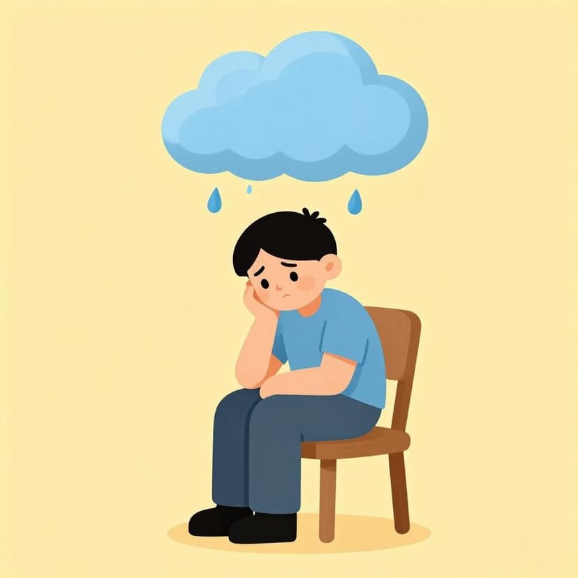 A person sitting on a chair looking concerned while tapping their chin, with a small storm cloud hovering above their head.