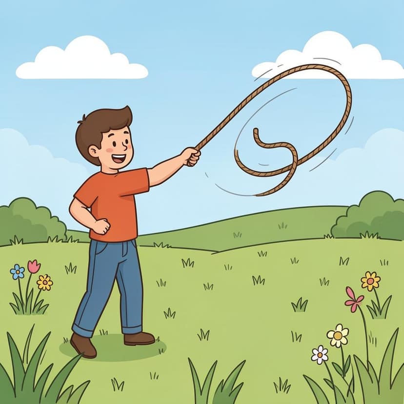 A person in a field throwing a rope with a loop into the air.