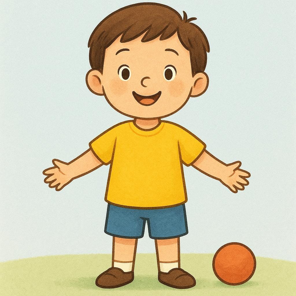 A cheerful child character standing upright with an eager expression, indicating readiness to participate in an activity.