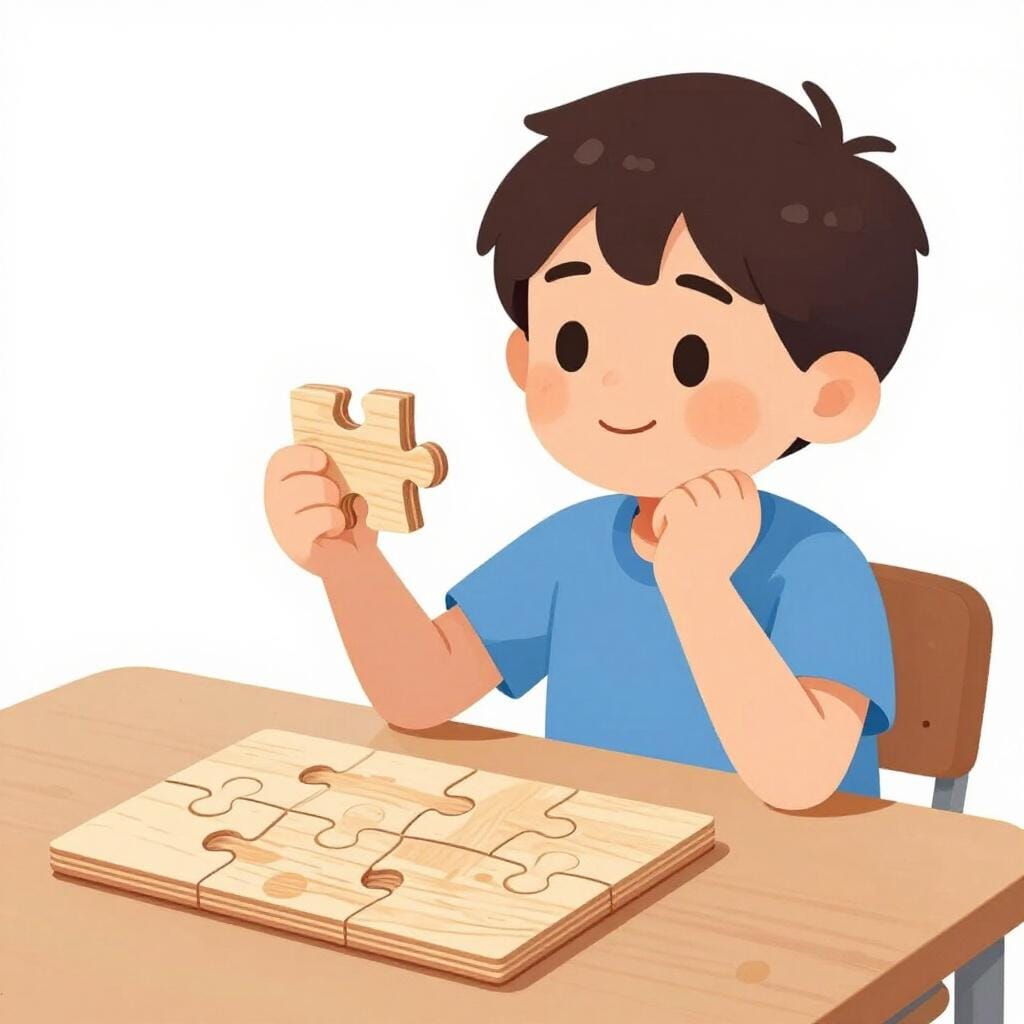 A child sitting at a wooden desk with a thoughtful expression, holding a wooden puzzle piece and looking at a partially completed puzzle.