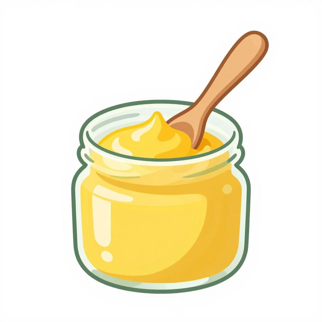 A glass jar of yellow mustard with a small wooden spoon resting inside.