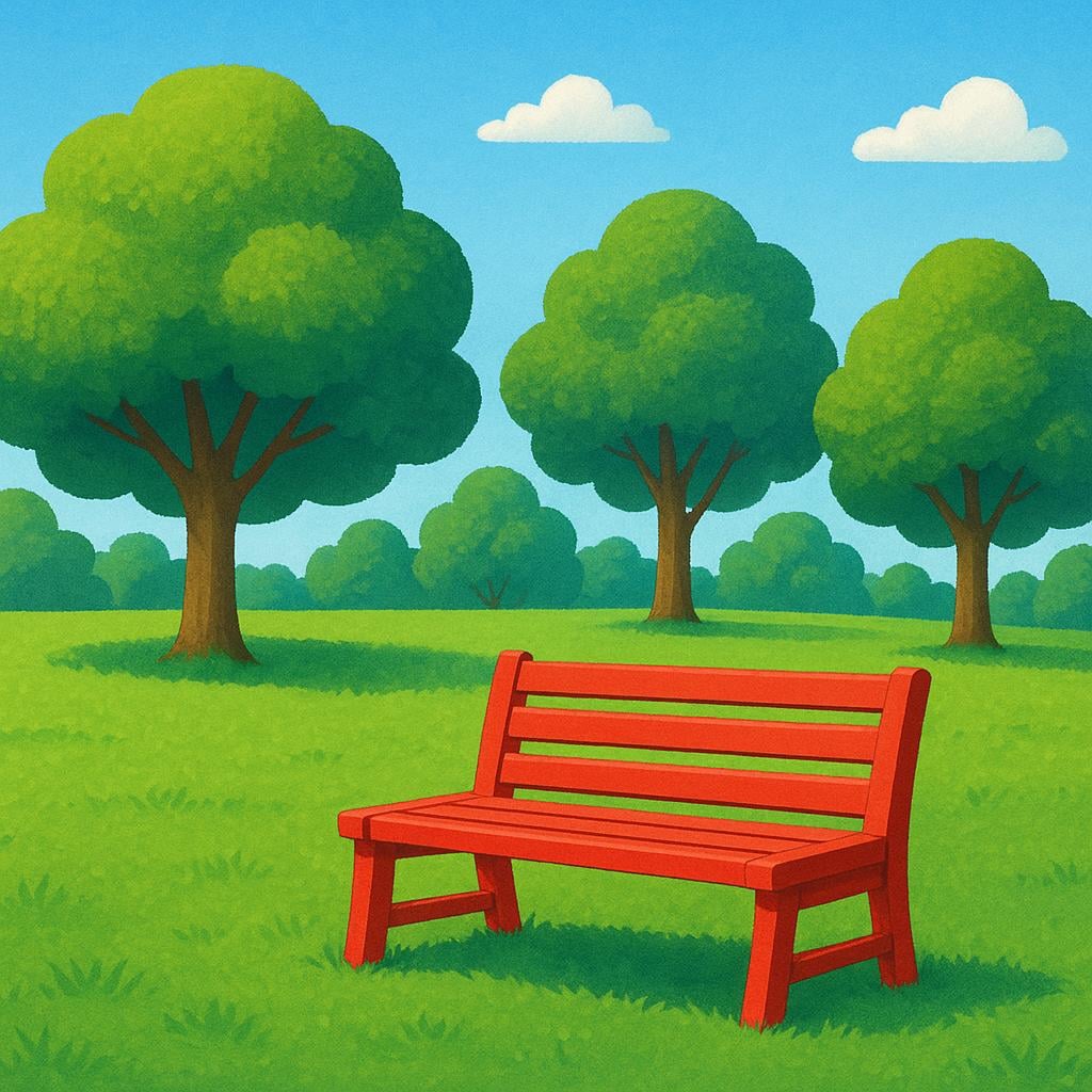 A lush green park with tall trees, a bright blue sky, and a wooden bench resting on the grass.