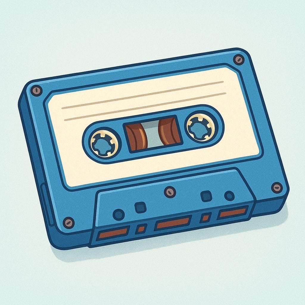 Une cassette audio noire vintage montrant la bande magnétique brune exposée enroulée sur les bobines à l'intérieur.